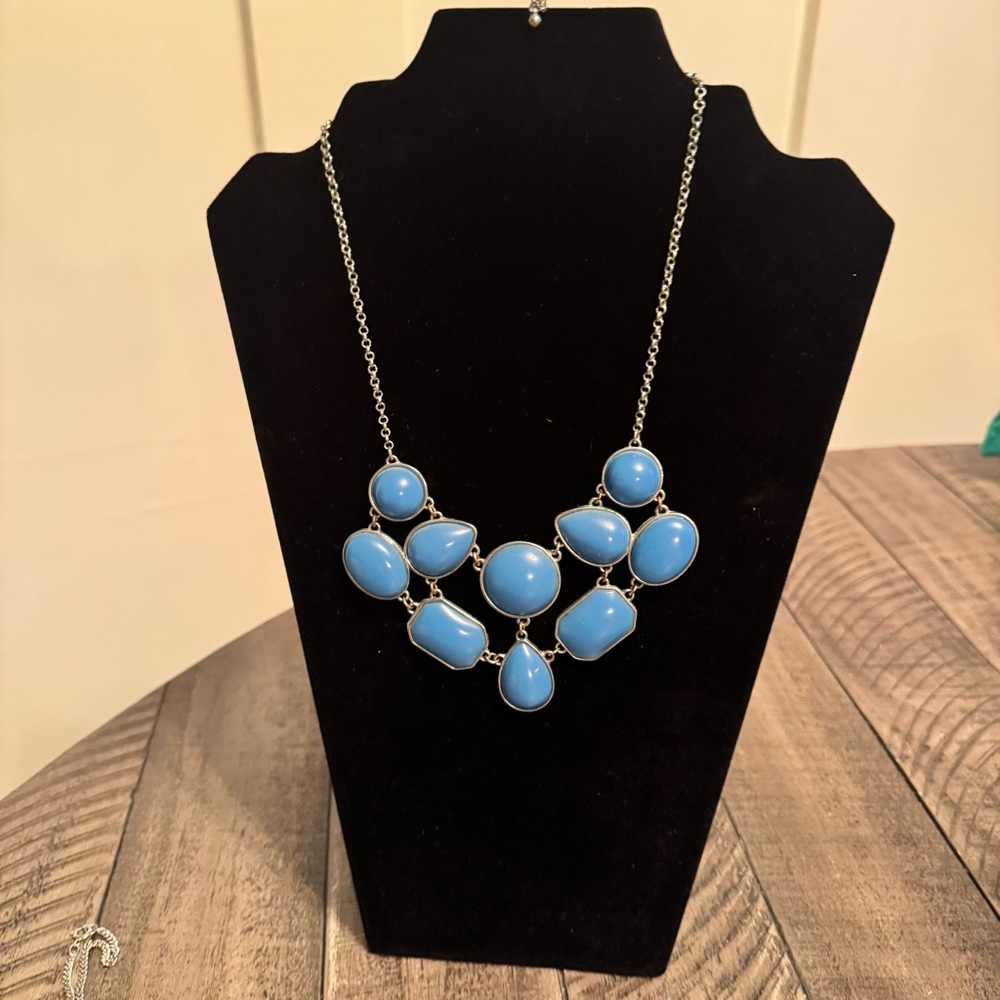 NY Statement Necklace Blue Beads Silver Tone Chain Jewelry‎